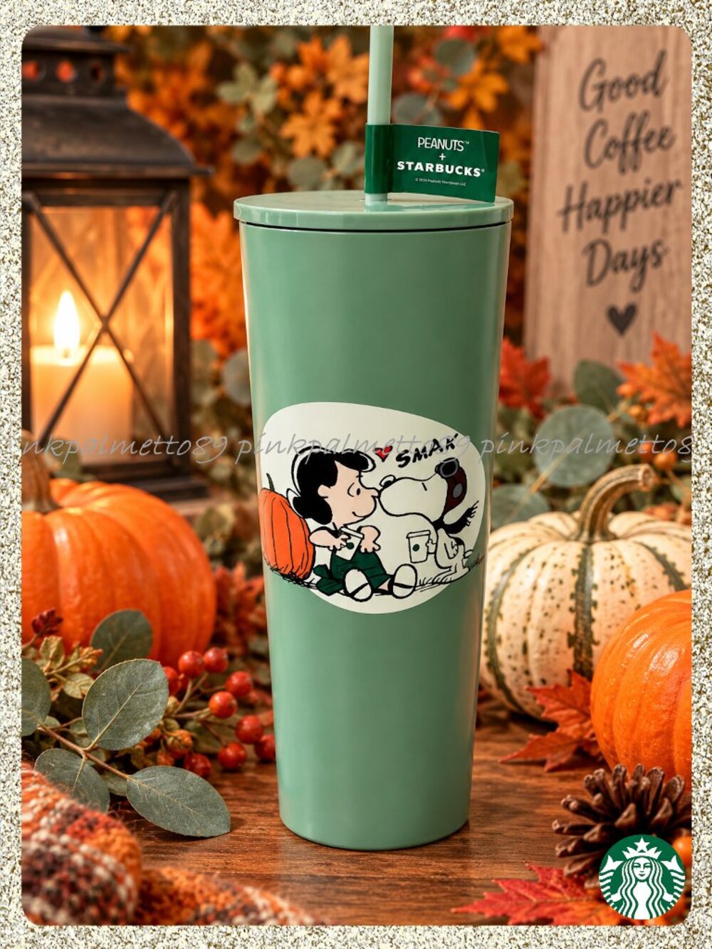 🍂🎃 NWT 2026 PEANUTS + Starbucks Snoopy & Lucy Sage Green 24oz SS Tumbler